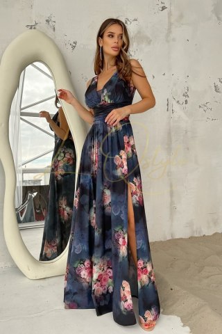 LINA zwiewna sukienka z rozcięciem w kwiaty GRANATOWA