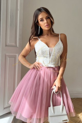 JULIA krótka tiulowa sukienka z koronką ECRU-BRUDNY RÓŻ