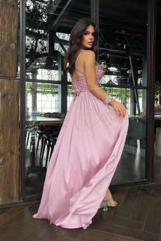 MIA satynowa długa sukienka z korokową górą PUDROWY RÓŻ