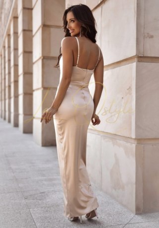 KELI satynowa dopasowana sukienka z rozcięciem ZŁOTA