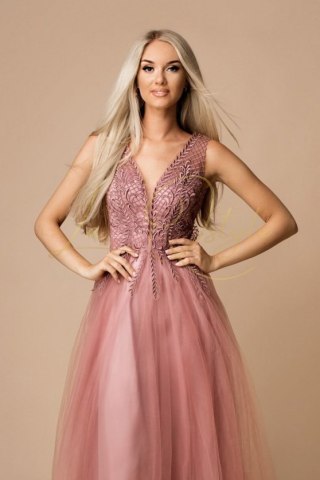 JESSY sukienka tiulowa z haftem i odkrytymi plecami księżniczka PUDROWY RÓŻ