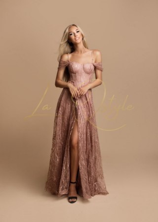 RACHEL tiulowa sukienka brokatowa z gorsetem i hiszpańskim dekoltem PUDROWY RÓŻ