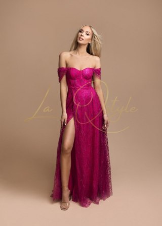 RACHEL tiulowa sukienka brokatowa z gorsetem i hiszpańskim dekoltem FUKSJA
