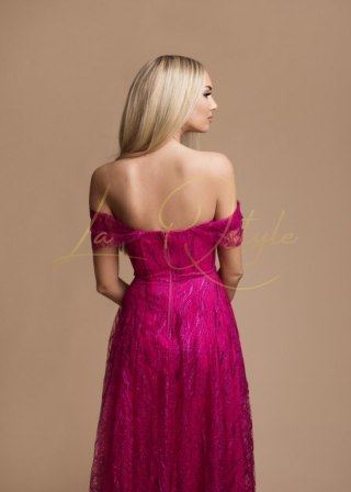 RACHEL tiulowa sukienka brokatowa z gorsetem i hiszpańskim dekoltem FUKSJA