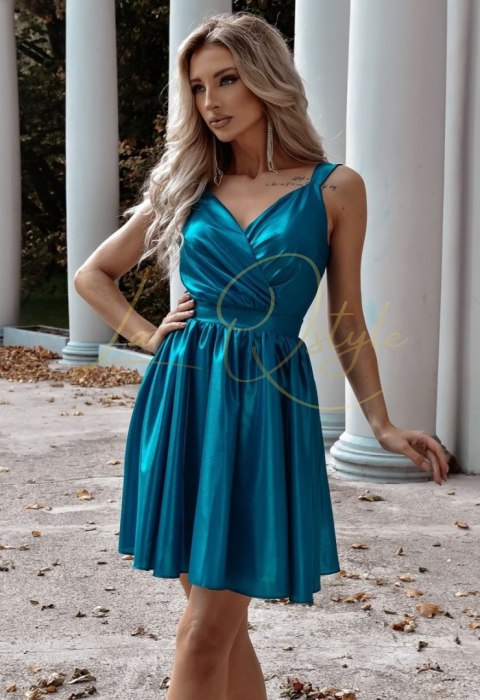 Błyszcząca rozkloszowana sukienka TURKUSOWA